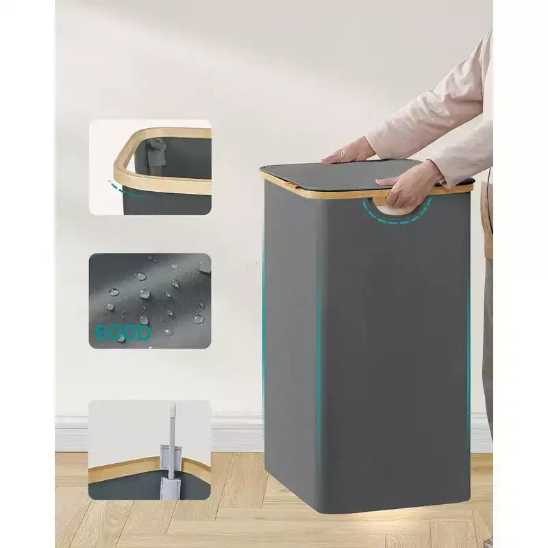 SONGMICS Panier à linge, Panier à linge avec couvercle, Panier de rangement pliable, Cadre en bambou, Tissu Oxford, 140 L