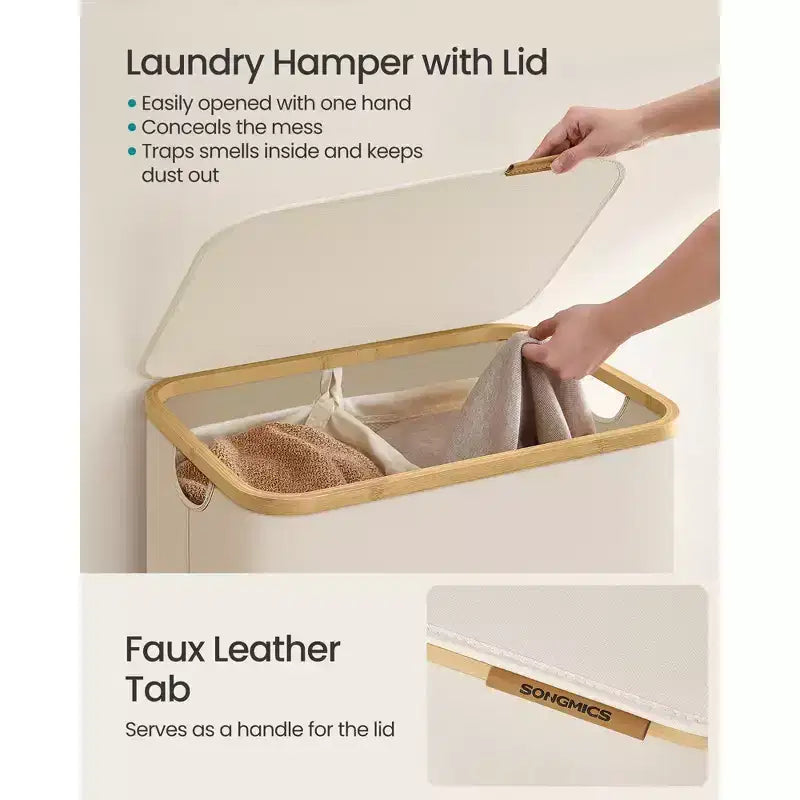 SONGMICS Panier à linge, Panier à linge avec couvercle, Panier de rangement pliable, Cadre en bambou, Tissu Oxford, 140 L