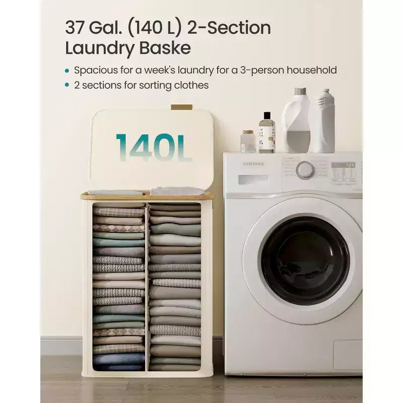 SONGMICS Panier à linge, Panier à linge avec couvercle, Panier de rangement pliable, Cadre en bambou, Tissu Oxford, 140 L