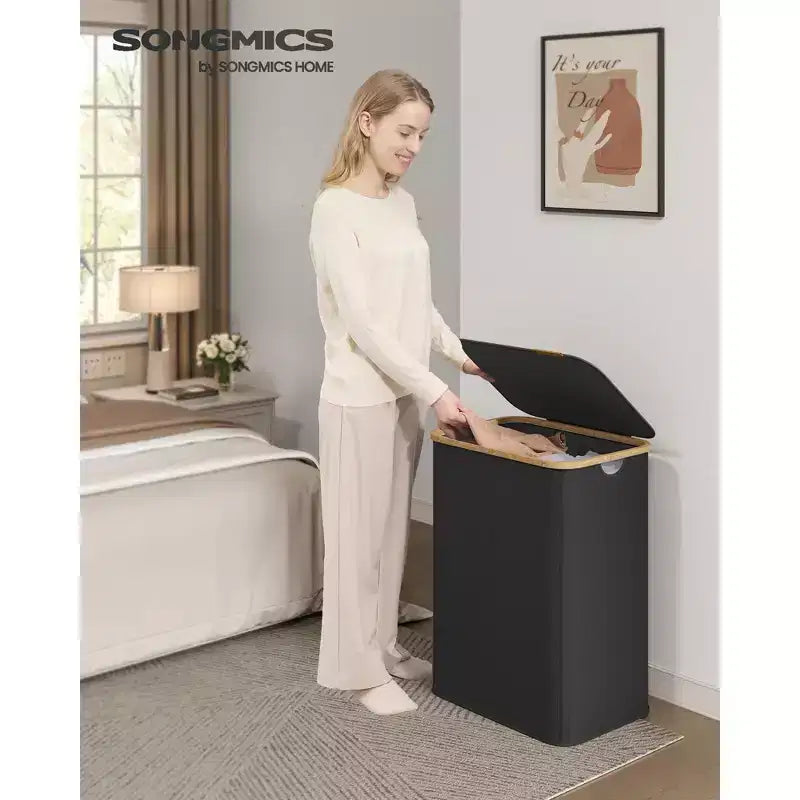 SONGMICS Panier à linge, Panier à linge avec couvercle, Panier de rangement pliable, Cadre en bambou, Tissu Oxford, 140 L