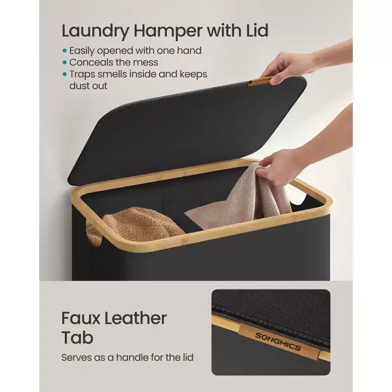 SONGMICS Panier à linge, Panier à linge avec couvercle, Panier de rangement pliable, Cadre en bambou, Tissu Oxford, 140 L