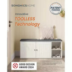 SONGMICS HOME Banc de Rangement, Assemblage Sans Outil Super Rapide, Meuble à Chaussures avec Porte et Étagère Réglable, Blanc Rustique et Gris Ardoise