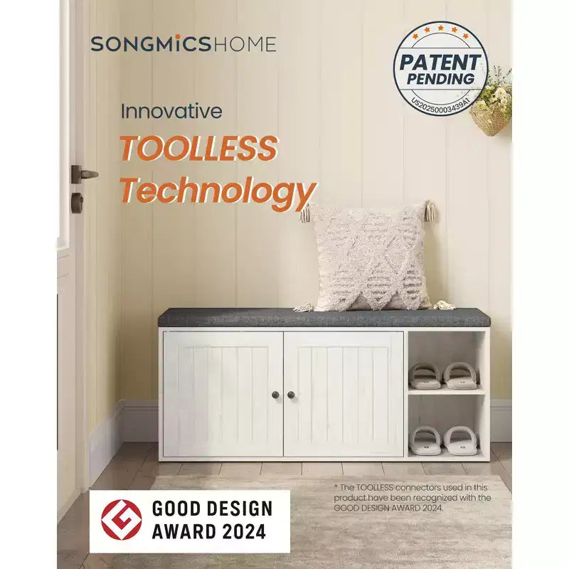 SONGMICS HOME Banc de Rangement, Assemblage Sans Outil Super Rapide, Meuble à Chaussures avec Porte et Étagère Réglable, Blanc Rustique et Gris Ardoise