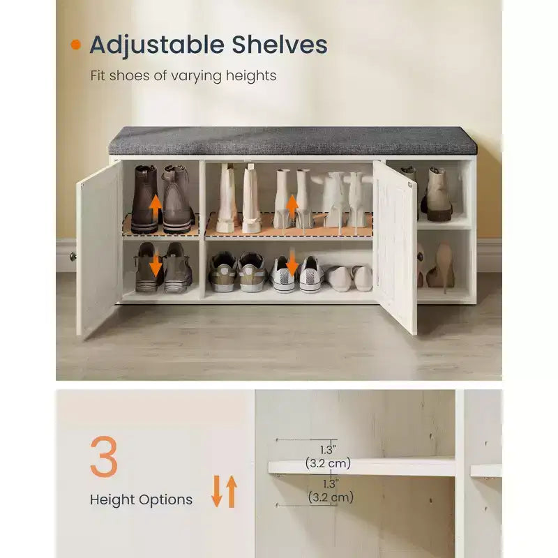 SONGMICS HOME Banc de Rangement, Assemblage Sans Outil Super Rapide, Meuble à Chaussures avec Porte et Étagère Réglable, Blanc Rustique et Gris Ardoise
