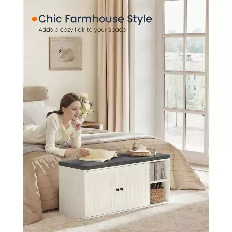 SONGMICS HOME Banc de Rangement, Assemblage Sans Outil Super Rapide, Meuble à Chaussures avec Porte et Étagère Réglable, Blanc Rustique et Gris Ardoise
