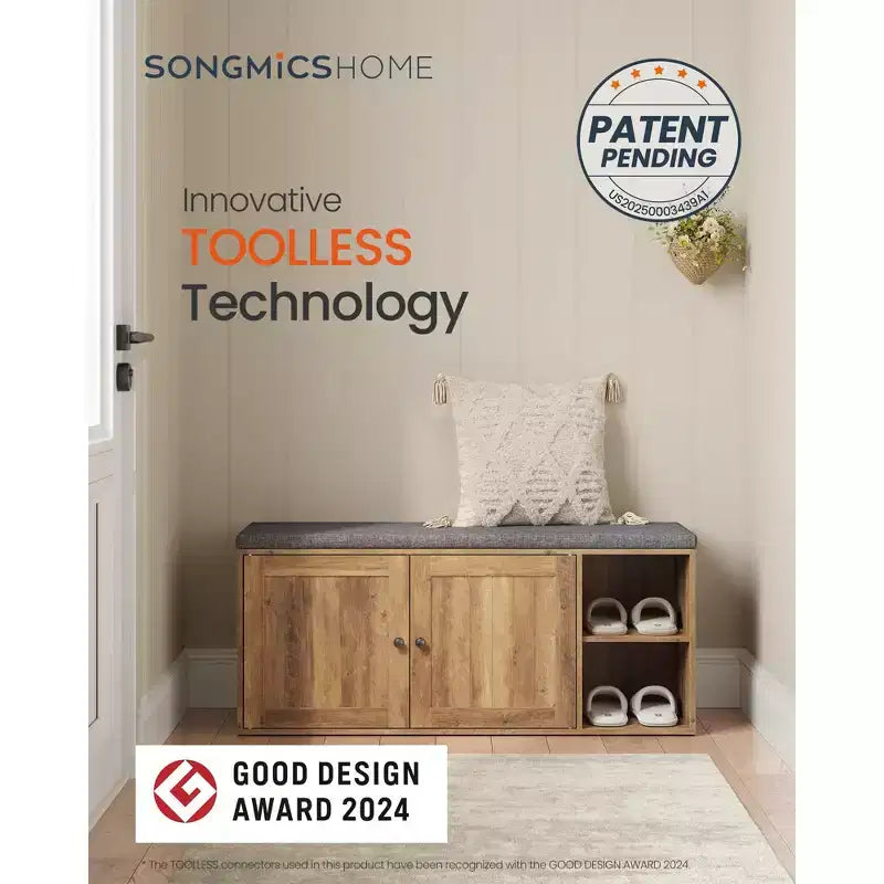 SONGMICS HOME Banc de Rangement, Assemblage Sans Outil Super Rapide, Meuble à Chaussures avec Porte et Étagère Réglable, Blanc Rustique et Gris Ardoise