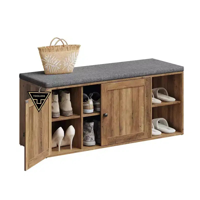 SONGMICS HOME Storage Bench, Superfast Toolless Assembly, Shoe Rack Cabinet with Door & Adjustable Shelf, Rustic White and Slate Gray