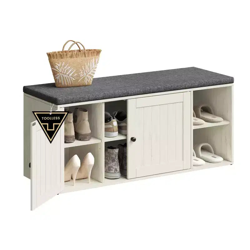 SONGMICS HOME Banc de Rangement, Assemblage Sans Outil Super Rapide, Meuble à Chaussures avec Porte et Étagère Réglable, Blanc Rustique et Gris Ardoise