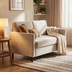 Canapé 2 places de 130 cm, en faux lin respirant avec large dossier et sièges rembourrés, cadre en bois compact pour petits espaces et appartements