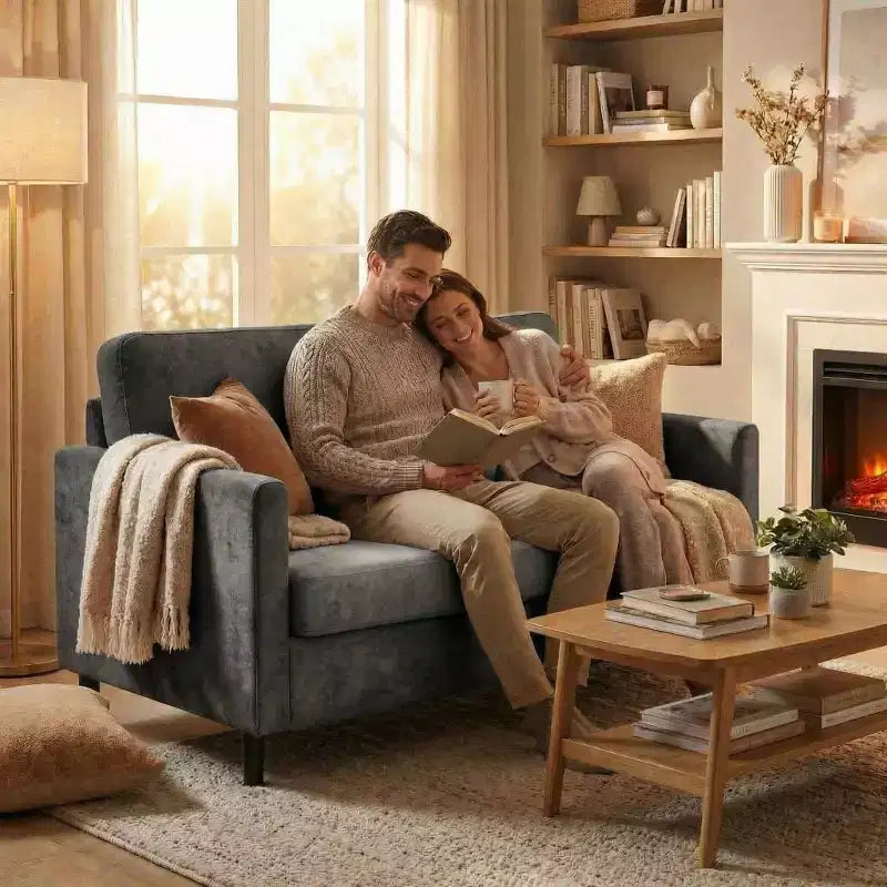 Canapé 2 places de 130 cm, en faux lin respirant avec large dossier et sièges rembourrés, cadre en bois compact pour petits espaces et appartements