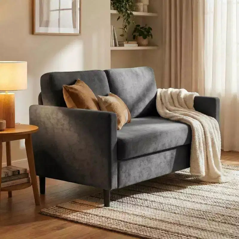 Canapé 2 places de 130 cm, en faux lin respirant avec large dossier et sièges rembourrés, cadre en bois compact pour petits espaces et appartements