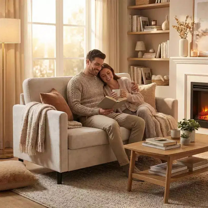 Canapé 2 places de 130 cm, en faux lin respirant avec large dossier et sièges rembourrés, cadre en bois compact pour petits espaces et appartements