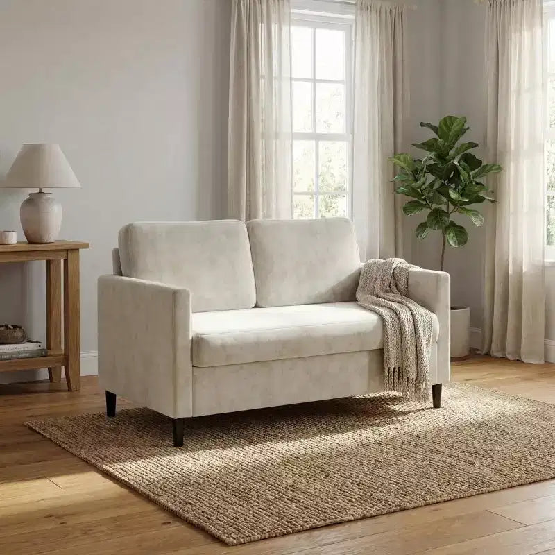 Canapé 2 places de 130 cm, en faux lin respirant avec large dossier et sièges rembourrés, cadre en bois compact pour petits espaces et appartements