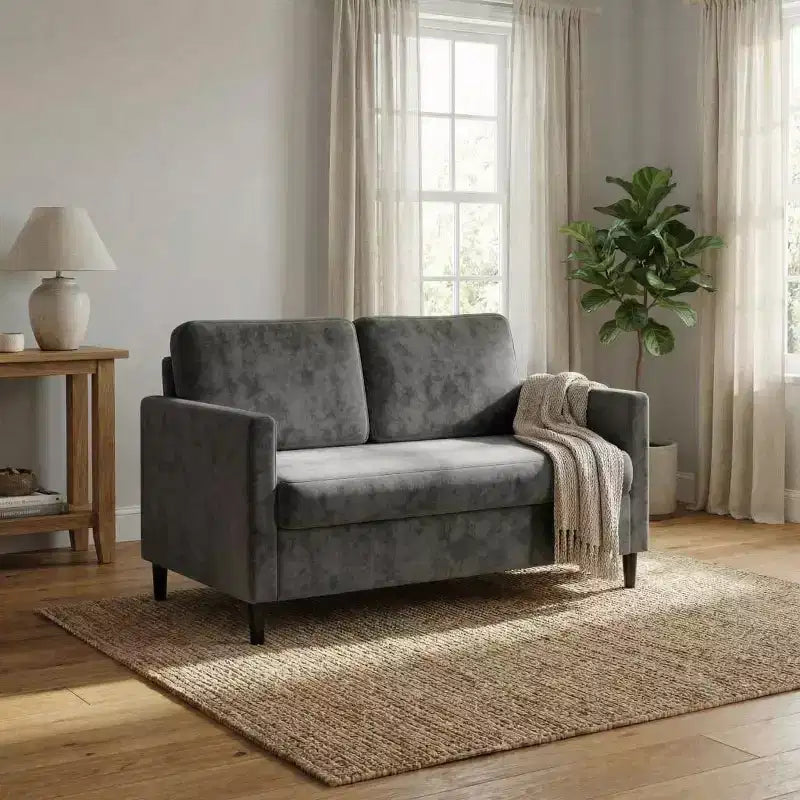 Canapé 2 places de 130 cm, en faux lin respirant avec large dossier et sièges rembourrés, cadre en bois compact pour petits espaces et appartements