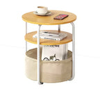 Table d'appoint ronde à 3 niveaux avec panier de rangement en tissu amovible, cadre en fer robuste, montage facile, poste de travail compact pour salon et chambre à coucher