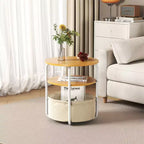 Table d'appoint ronde à 3 niveaux avec panier de rangement en tissu amovible, cadre en fer robuste, montage facile, poste de travail compact pour salon et chambre à coucher