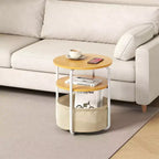 Table d'appoint ronde à 3 niveaux avec panier de rangement en tissu amovible, cadre en fer robuste, montage facile, poste de travail compact pour salon et chambre à coucher