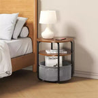 Table d'appoint ronde à 3 niveaux avec panier de rangement en tissu amovible, cadre en fer robuste, montage facile, poste de travail compact pour salon et chambre à coucher