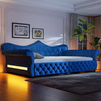 Lit de repos rembourré ModernLuxe Queen Size avec éclairage LED, garniture cloutée et dossier en lin touffeté