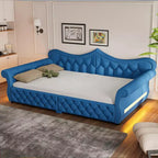 Lit de repos rembourré ModernLuxe Queen Size avec éclairage LED, garniture cloutée et dossier en lin touffeté