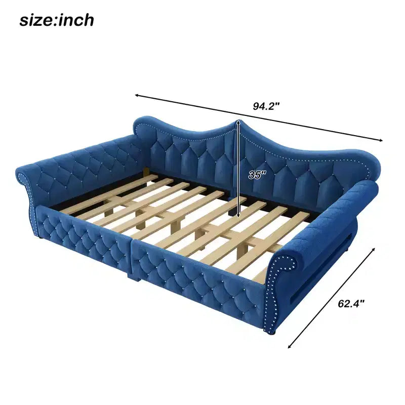 Lit de repos rembourré ModernLuxe Queen Size avec éclairage LED, garniture cloutée et dossier en lin touffeté