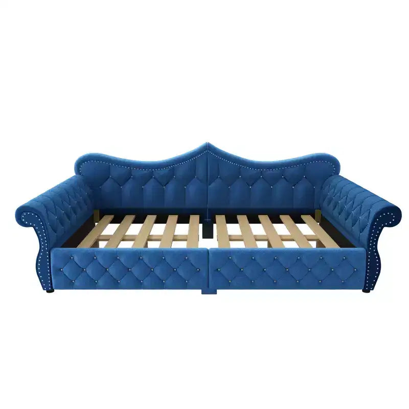 Lit de repos rembourré ModernLuxe Queen Size avec éclairage LED, garniture cloutée et dossier en lin touffeté