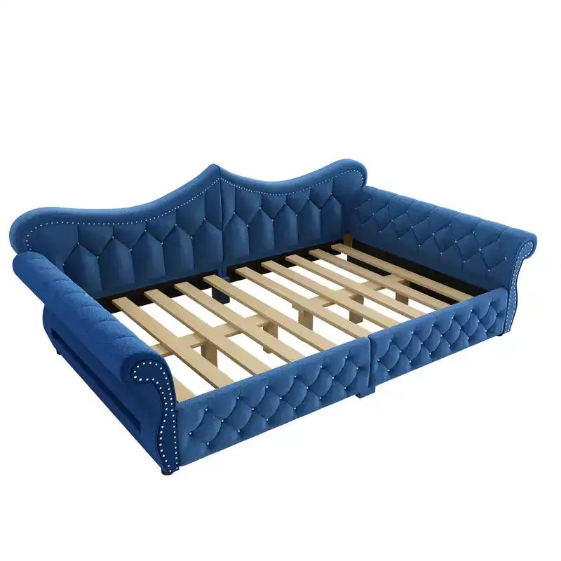 Lit de repos rembourré ModernLuxe Queen Size avec éclairage LED, garniture cloutée et dossier en lin touffeté
