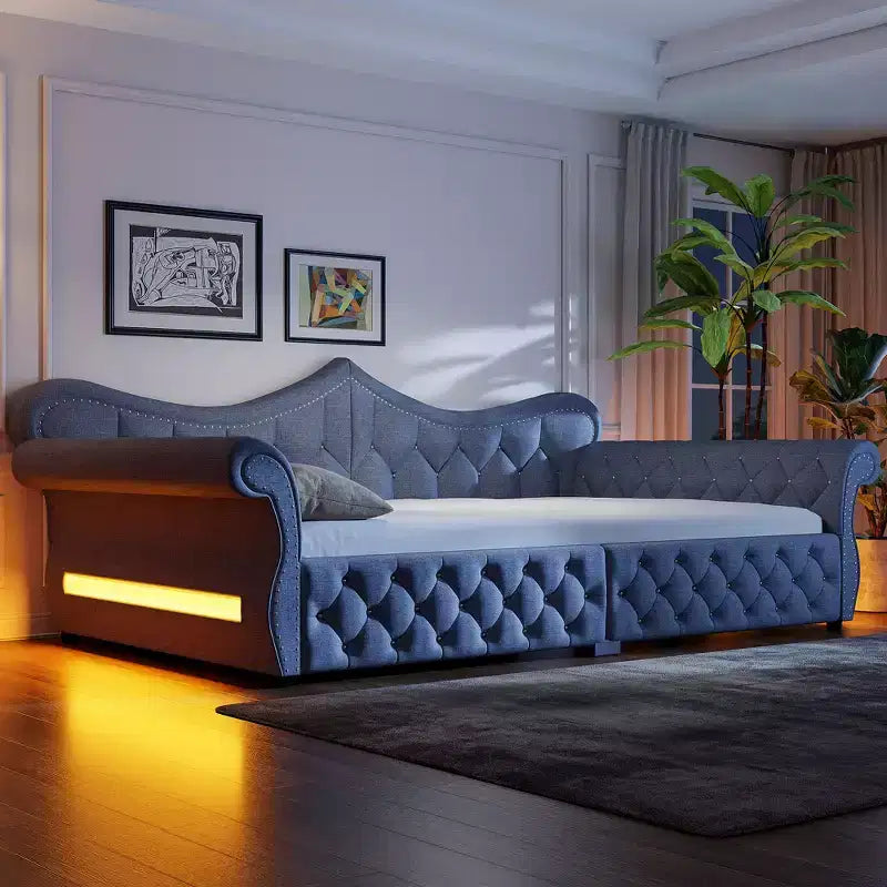Lit de repos rembourré ModernLuxe Queen Size avec éclairage LED, garniture cloutée et dossier en lin touffeté