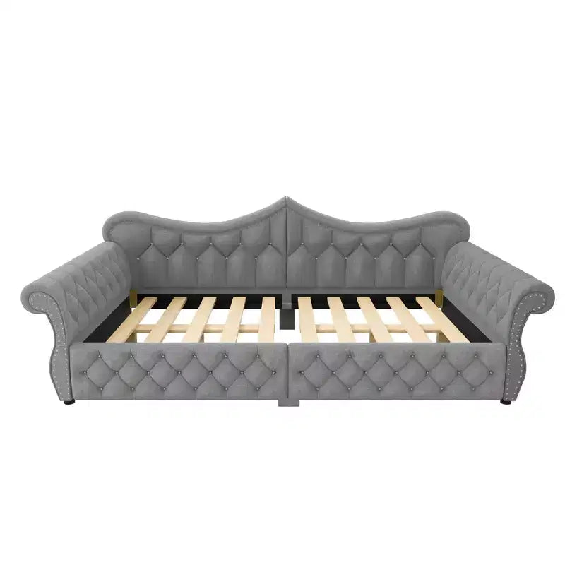 Lit de repos rembourré ModernLuxe Queen Size avec éclairage LED, garniture cloutée et dossier en lin touffeté