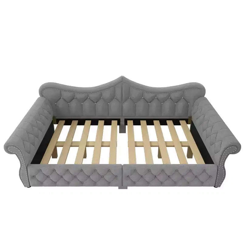Lit de repos rembourré ModernLuxe Queen Size avec éclairage LED, garniture cloutée et dossier en lin touffeté
