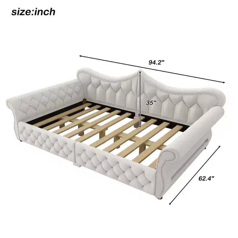 Lit de repos rembourré ModernLuxe Queen Size avec éclairage LED, garniture cloutée et dossier en lin touffeté