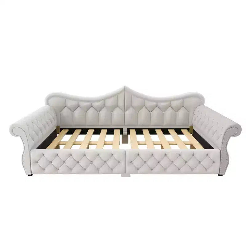 Lit de repos rembourré ModernLuxe Queen Size avec éclairage LED, garniture cloutée et dossier en lin touffeté