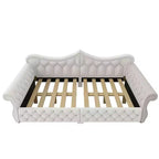 Lit de repos rembourré ModernLuxe Queen Size avec éclairage LED, garniture cloutée et dossier en lin touffeté