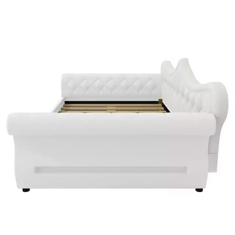 Lit de repos rembourré ModernLuxe Queen Size avec éclairage LED, garniture cloutée et dossier en lin touffeté