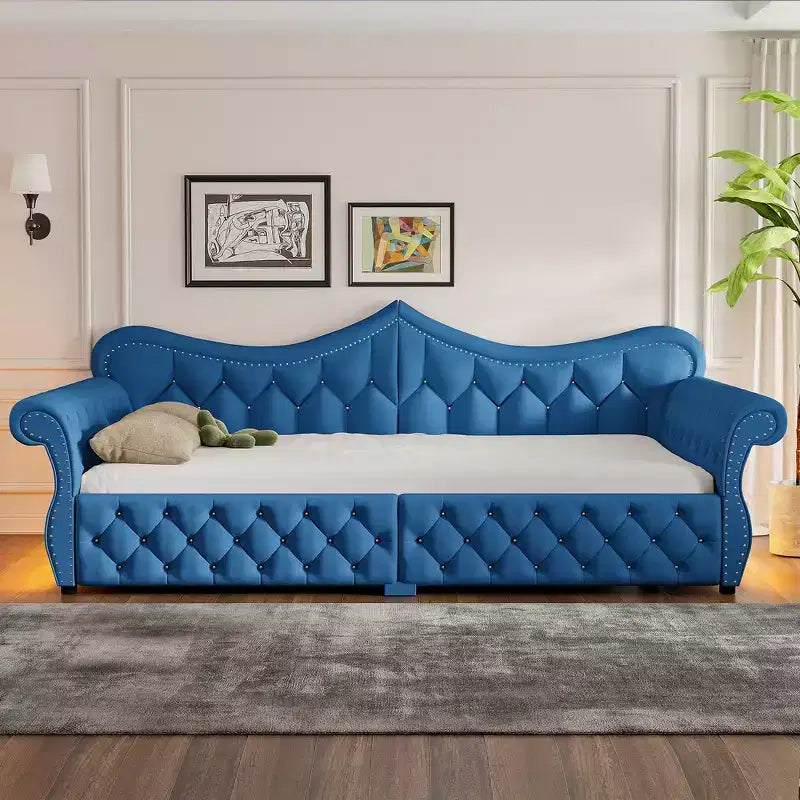 Lit de repos rembourré ModernLuxe Queen Size avec éclairage LED, garniture cloutée et dossier en lin touffeté