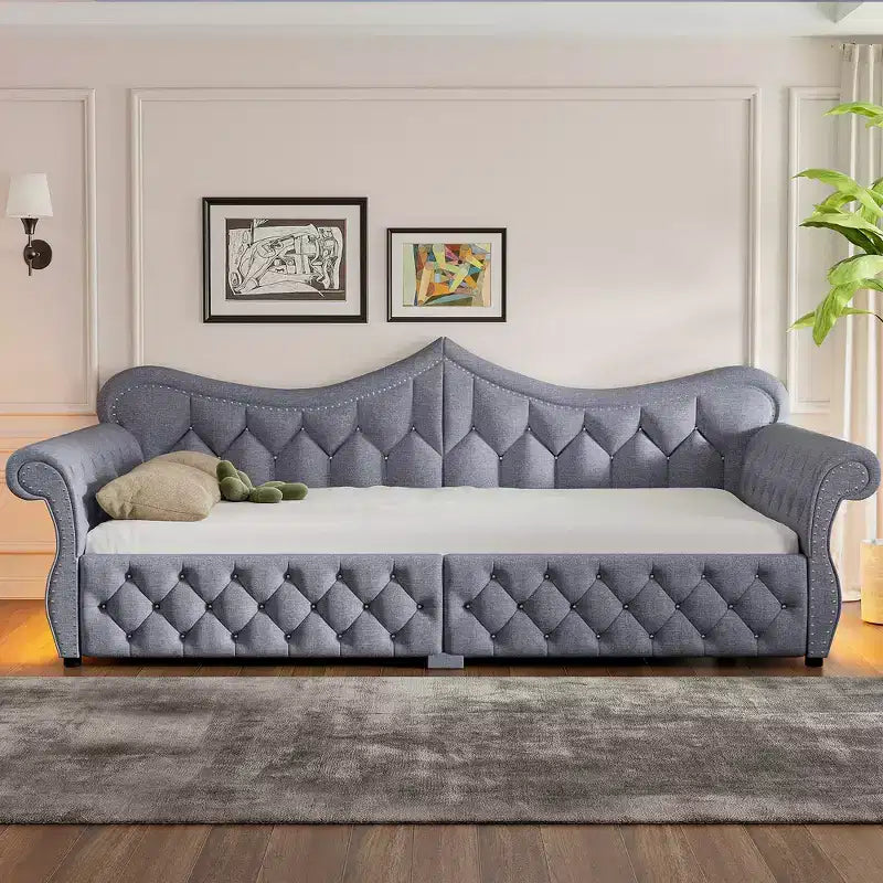 Lit de repos rembourré ModernLuxe Queen Size avec éclairage LED, garniture cloutée et dossier en lin touffeté