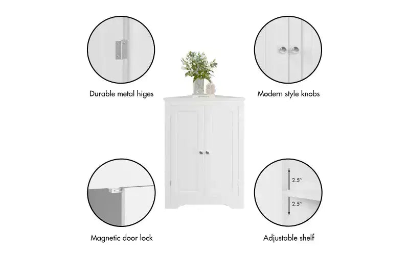 Meuble de rangement d'angle au sol avec 2 portes et étagères réglables, Organisateur de rangement autoportant, Blanc