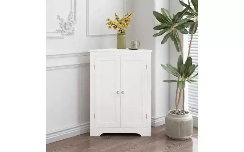 Meuble de rangement d'angle au sol avec 2 portes et étagères réglables, Organisateur de rangement autoportant, Blanc