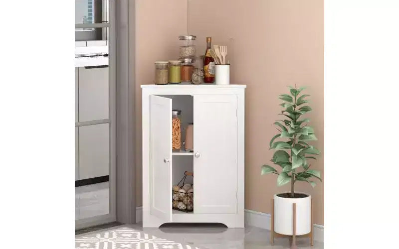 Meuble de rangement d'angle au sol avec 2 portes et étagères réglables, Organisateur de rangement autoportant, Blanc