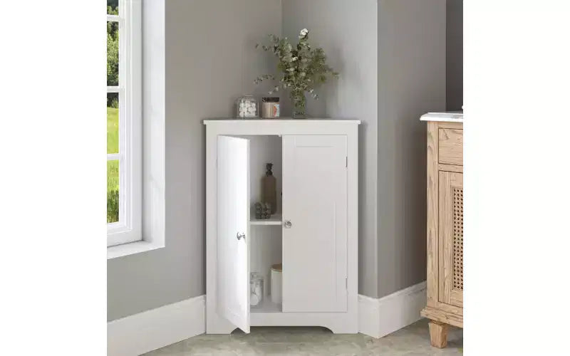 Meuble de rangement d'angle au sol avec 2 portes et étagères réglables, Organisateur de rangement autoportant, Blanc