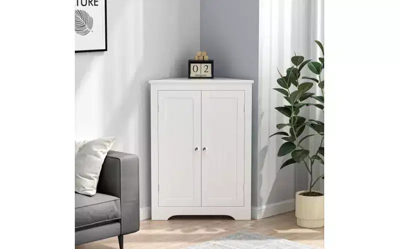 Meuble de rangement d'angle au sol avec 2 portes et étagères réglables, Organisateur de rangement autoportant, Blanc