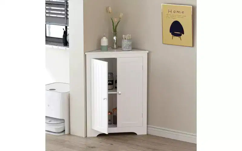 Meuble de rangement d'angle au sol avec 2 portes et étagères réglables, Organisateur de rangement autoportant, Blanc
