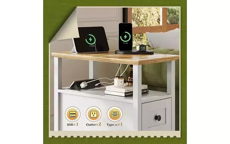 DEXYLLO Table d'appoint étroite avec station de charge, Table de chevet en bois avec 2 tiroirs, Tables d'appoint pour salon, chambre à coucher, petits espaces