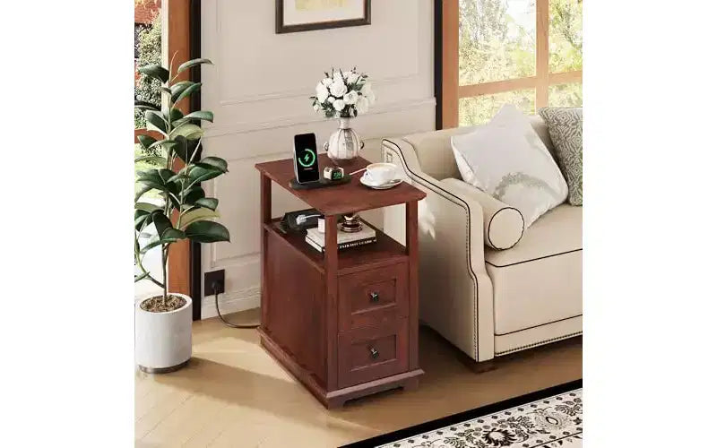DEXYLLO Table d'appoint étroite avec station de charge, Table de chevet en bois avec 2 tiroirs, Tables d'appoint pour salon, chambre à coucher, petits espaces