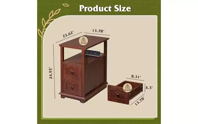DEXYLLO Table d'appoint étroite avec station de charge, Table de chevet en bois avec 2 tiroirs, Tables d'appoint pour salon, chambre à coucher, petits espaces