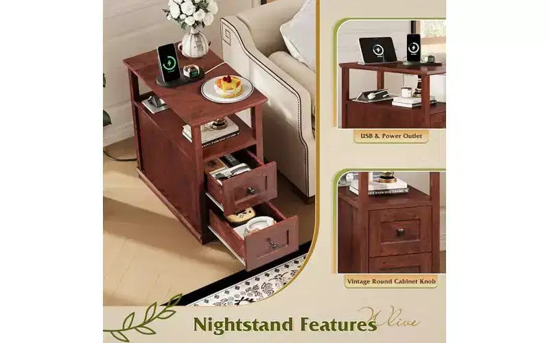 DEXYLLO Table d'appoint étroite avec station de charge, Table de chevet en bois avec 2 tiroirs, Tables d'appoint pour salon, chambre à coucher, petits espaces