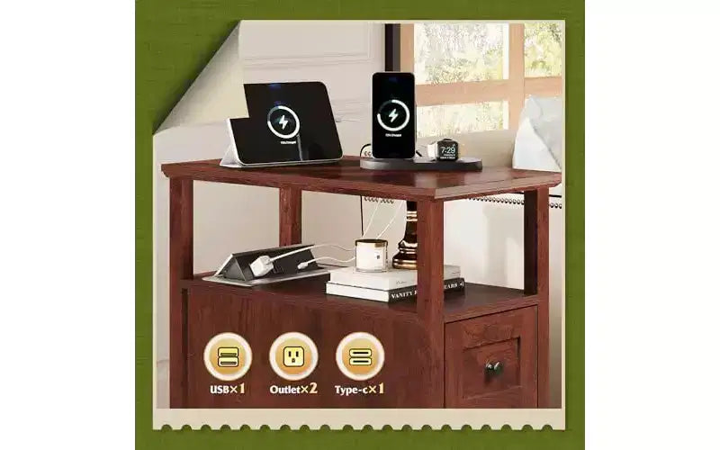 DEXYLLO Table d'appoint étroite avec station de charge, Table de chevet en bois avec 2 tiroirs, Tables d'appoint pour salon, chambre à coucher, petits espaces