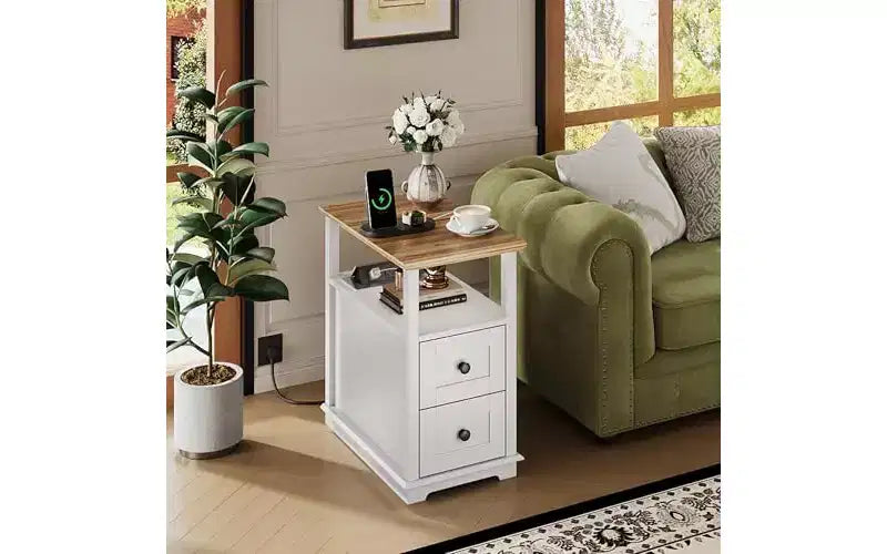 DEXYLLO Table d'appoint étroite avec station de charge, Table de chevet en bois avec 2 tiroirs, Tables d'appoint pour salon, chambre à coucher, petits espaces