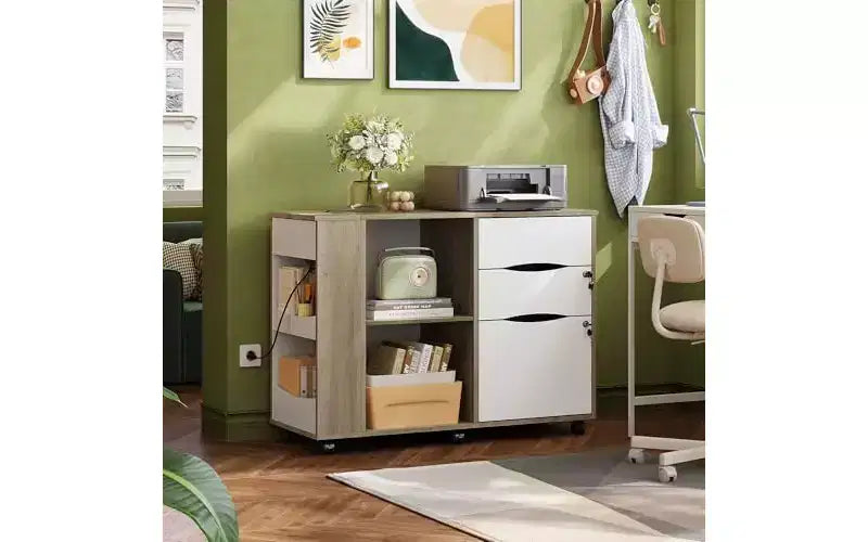 Meuble Classeur DEXYLLO avec serrure, classeurs latéraux mobiles à roulettes à 3 tiroirs avec station de charge, support d'imprimante avec rangement ouvert