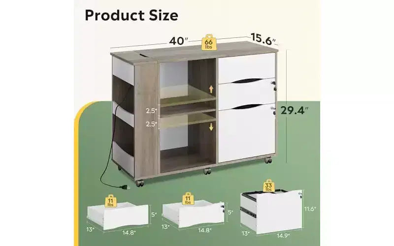 Meuble Classeur DEXYLLO avec serrure, classeurs latéraux mobiles à roulettes à 3 tiroirs avec station de charge, support d'imprimante avec rangement ouvert
